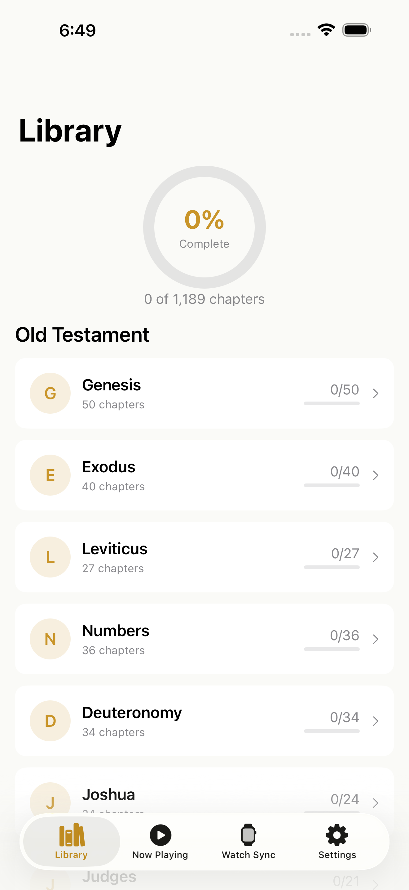 Hearken app displaying Bible book library on iPhone