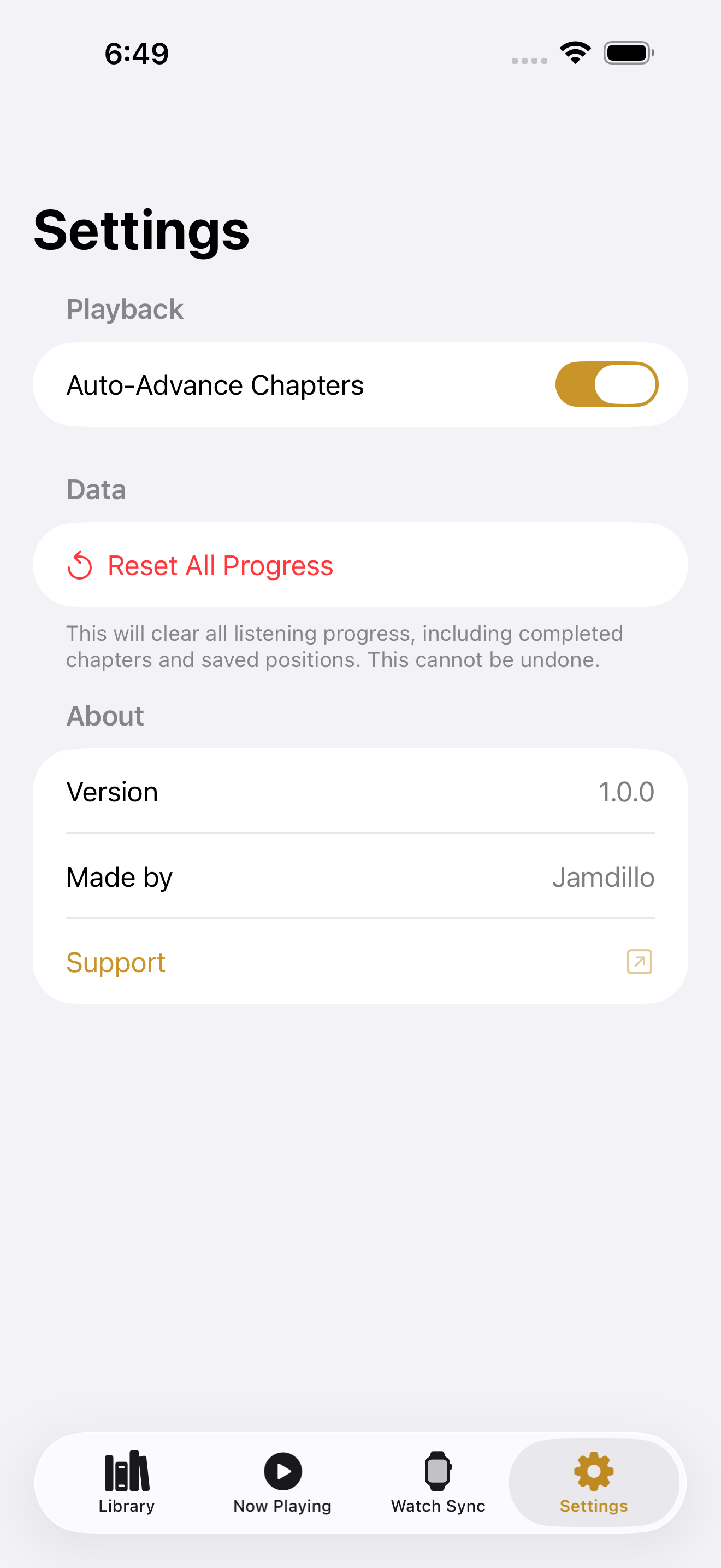 Hearken settings screen with playback speed and download options