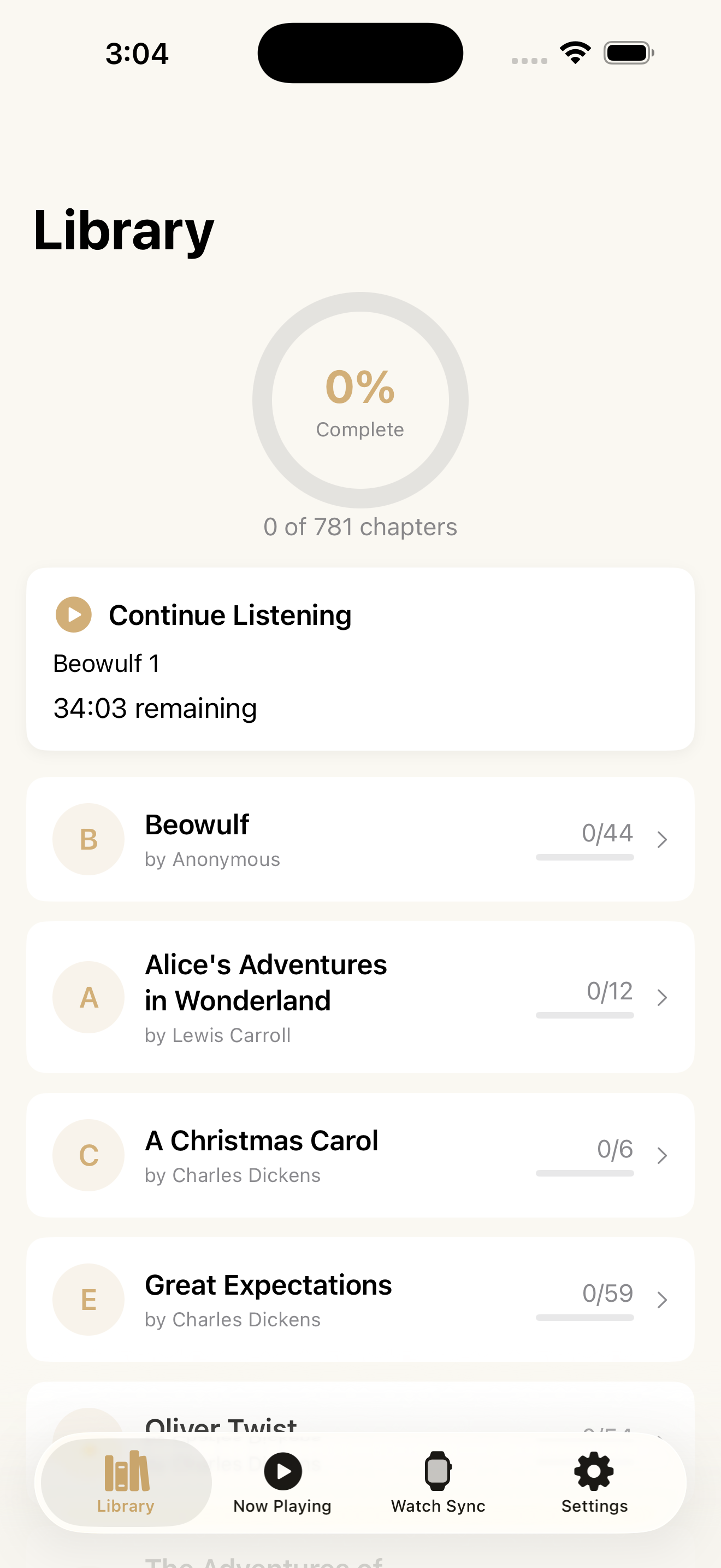 Prosa audiobook app showing library on iPhone